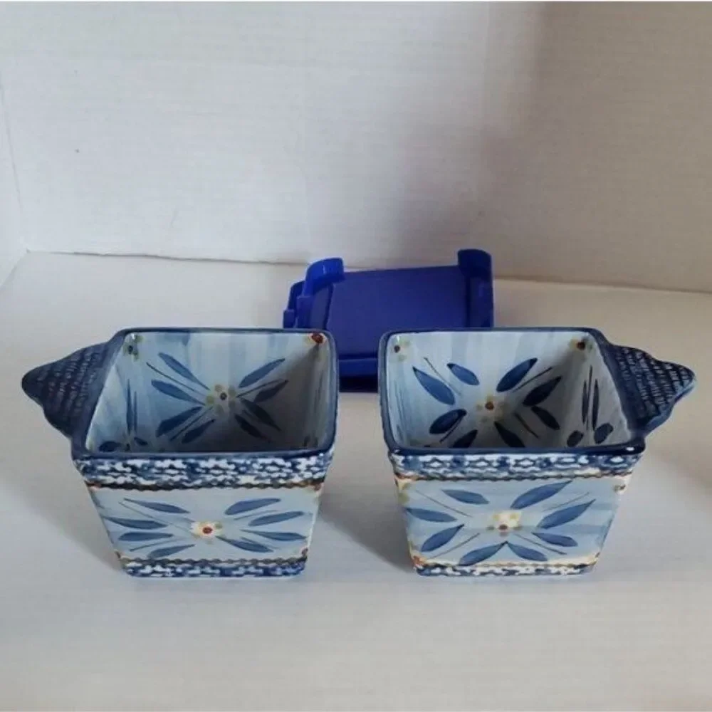 Temp-tations Ramekins Old World Ovenware Bakeware Cookware 10 oz Blue Lids